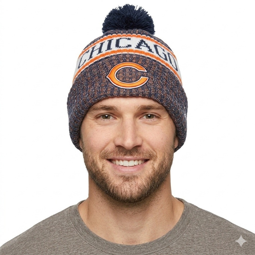 Chicago Bears NFL Knit Cuffed Beanie Hat with‎ Pom Pom Navy Orange White New